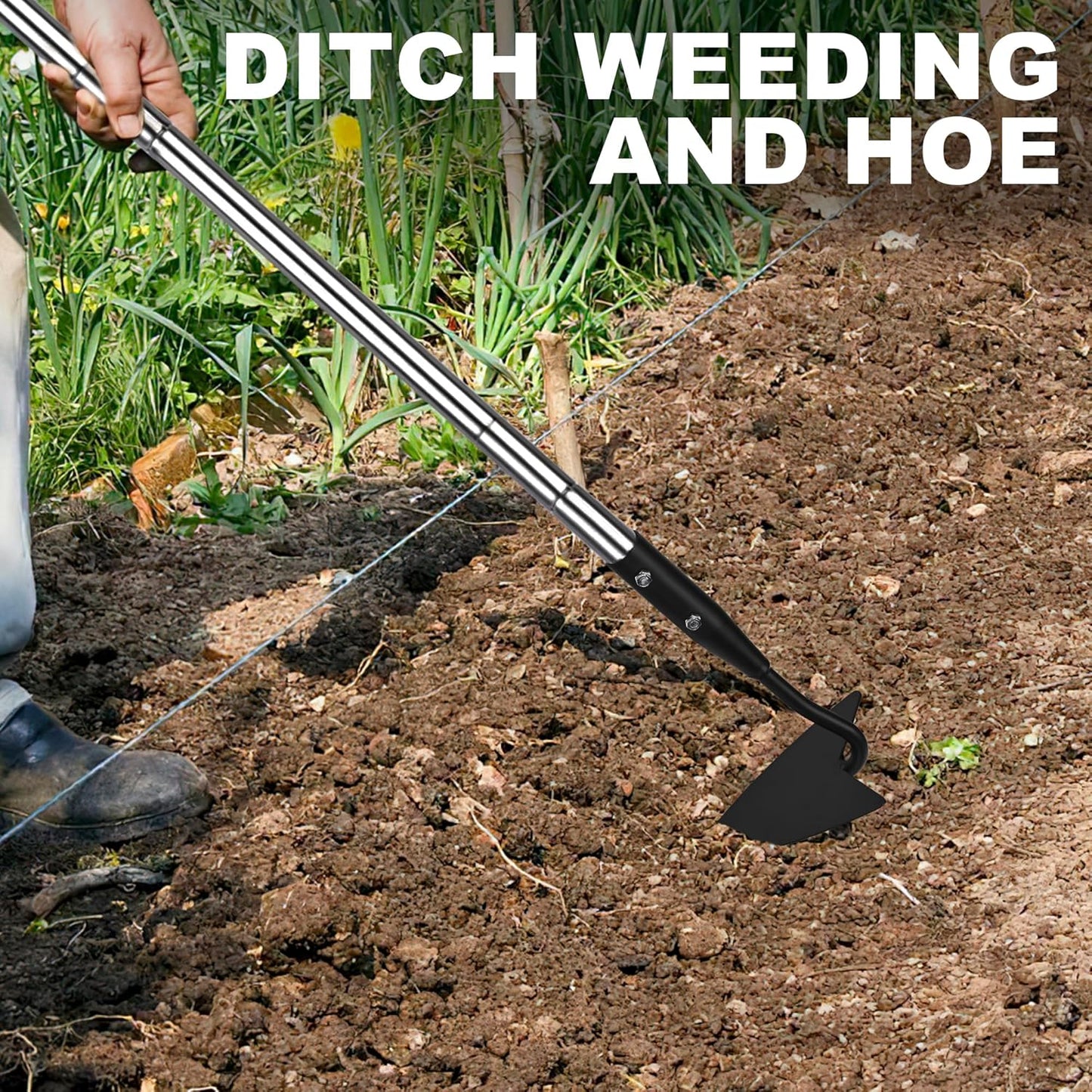 Warren Hoe, Carbon Steel Triangle Garden Hoe with Stainless Steel 57" Adjustable Long Handle, Heavy Duty Gardening Hand Tools Hoe for Ridging Weeding Digging Loosening Edging Soil, balck