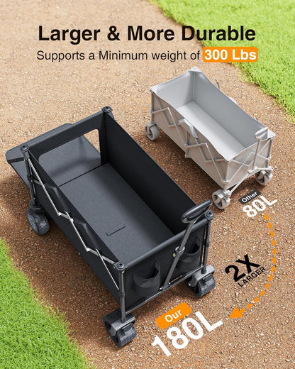 Dual Motor Electric Utility Wagon Cart–330 lb Load, 180 L Foldable Beach Wagon with Remote, 4-Speed, All-Terrain Wheels for Camping, Beach, Garden & Shopping, Black