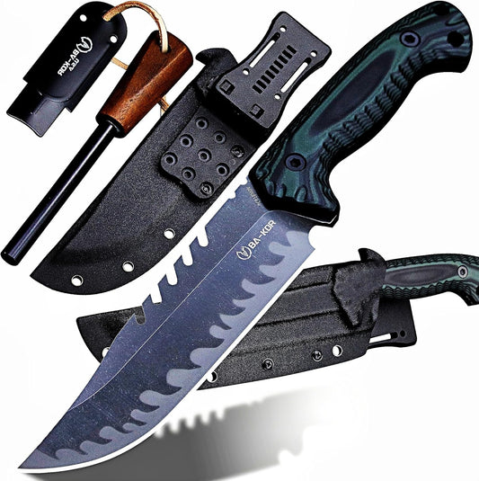 BA-KOR 12.4in Full Tang Fixed Blade Hunting Knife – 6mm 9CR18MoV Steel, G10 Handle, Stonewashed Sawback Blade with Kydex Sheath & Fire Starter for Outdoor, Camping, Survival (Green and black stripes)