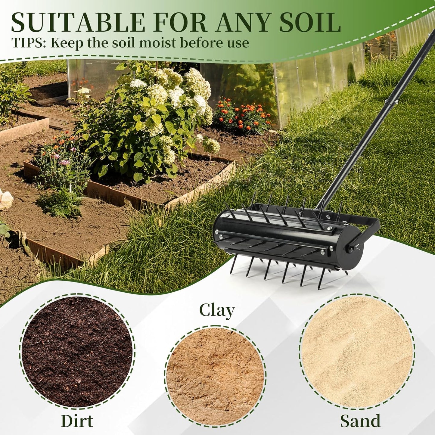 VINGLI Rolling Lawn Aerator with T-Shaped Handle, 17 inch Manual Aerator Tool, Lawn Aerator Spike Tool with 36 Spikes for Garden Yard Soil Health Maintaining, Black