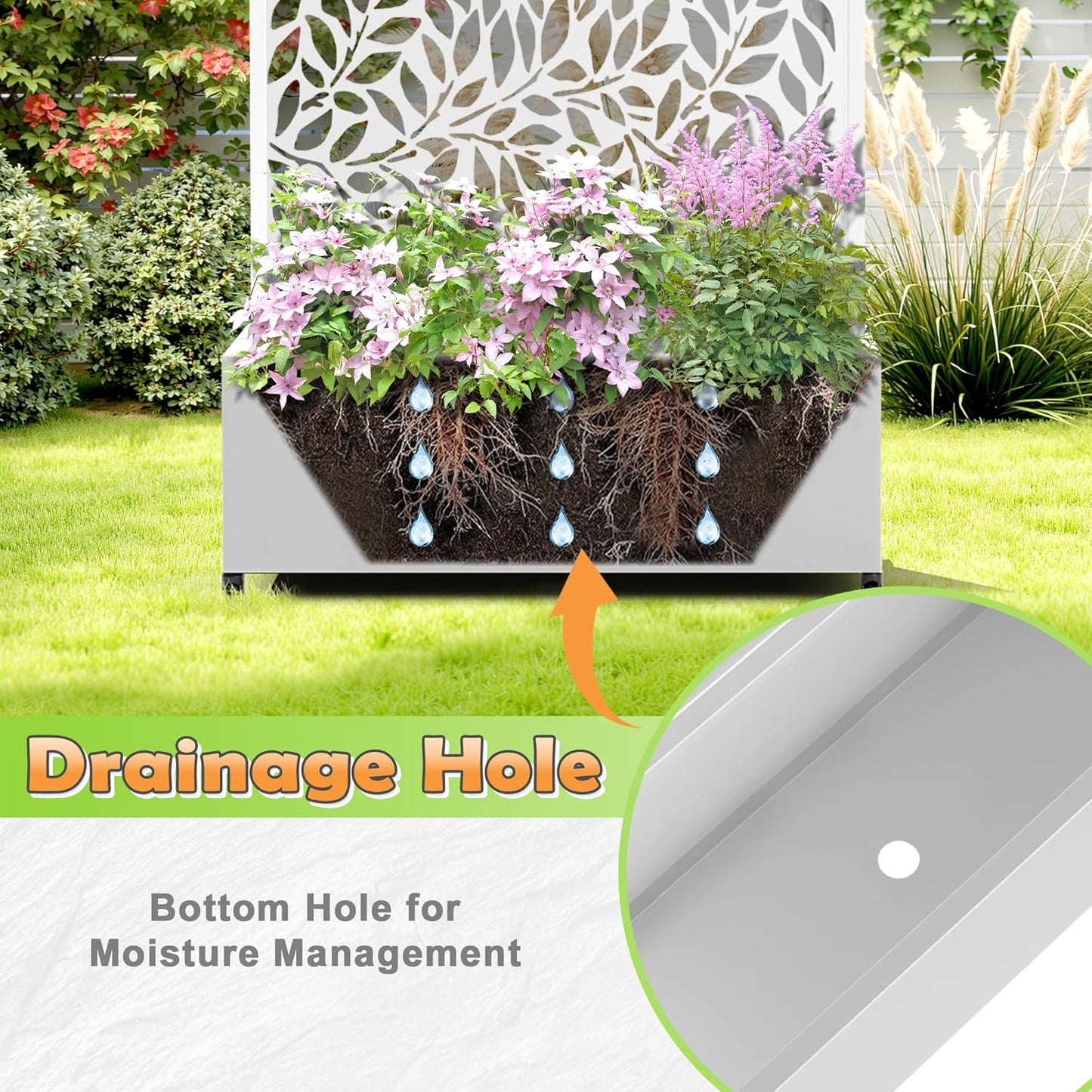 Metal Raised Garden Bed with Trellis, 2 in 1 Trellis with Planter Box & Privacy Screen for Climbing Plants, Vine, Outdoor Standing Flower Beds with Drainage Holes, 35.4"L x 15.7"W x 70.10"H,(White)