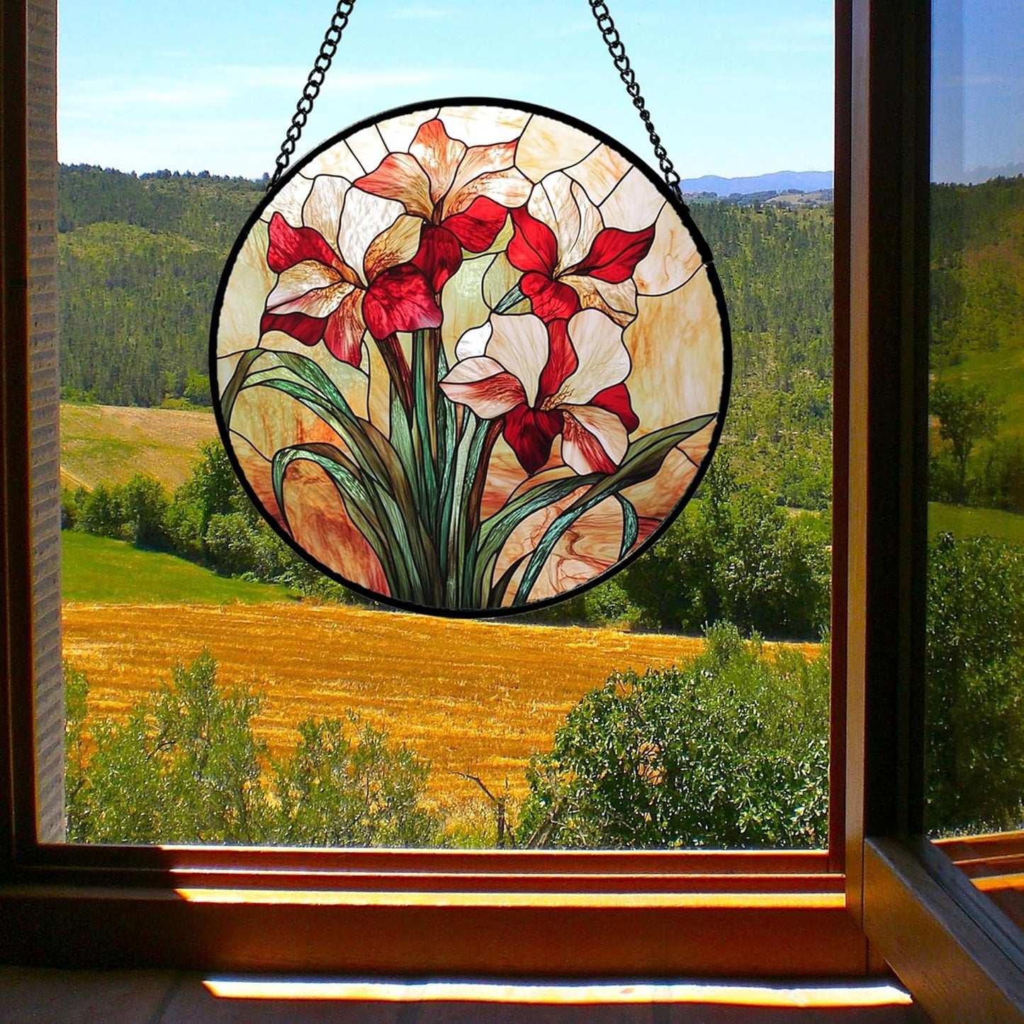Stained Glass Window Hanging - Red Gladiolus Flower Suncatcher for Door Yard Sun Catchers Decor Christmas Mother's Day Birthday Gifts for Lovers Women Mom Nana Girlfriend Wife 15 in