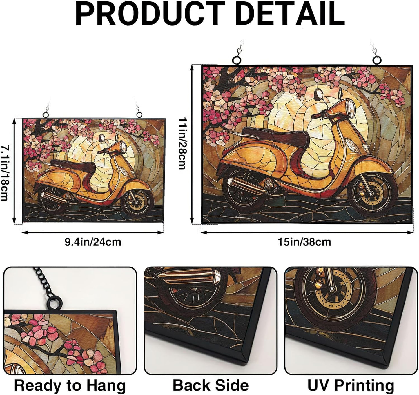 Customized Rectangle Art Nouveau Cherry Scooter Suncatcher Stained Glass Window Hangings Sun Catchers Colorful Ornament Gifts for Women Mom Wife Christmas Halloween Housewarming