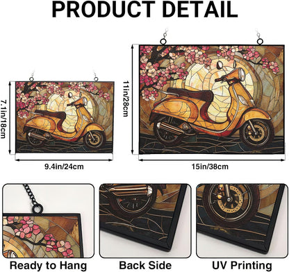 Customized Rectangle Art Nouveau Cherry Scooter Suncatcher Stained Glass Window Hangings Sun Catchers Colorful Ornament Gifts for Women Mom Wife Christmas Halloween Housewarming