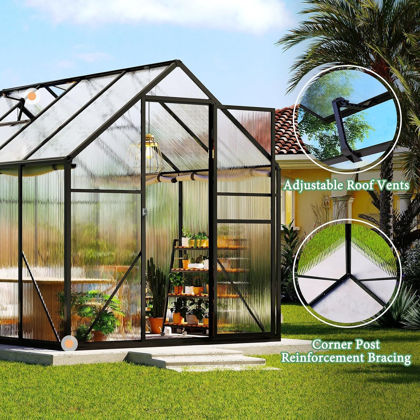 Amerlife 6x10x6.3 FT Outdoor Polycarbonate Greenhouse, Walk-in Aluminum Frame Structure with Dual Windows & Swing Door, Heavy-Duty Garden Building in Black