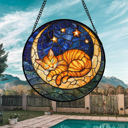 Stained Glass Window Hanging - Orange Moon Sleeping Cat Sun Catcher for Door Home Decor Blue Starry Sky Suncatcher Christmas Mother's Day Birthday Gifts for Women Men Mom Nana 9.8 in