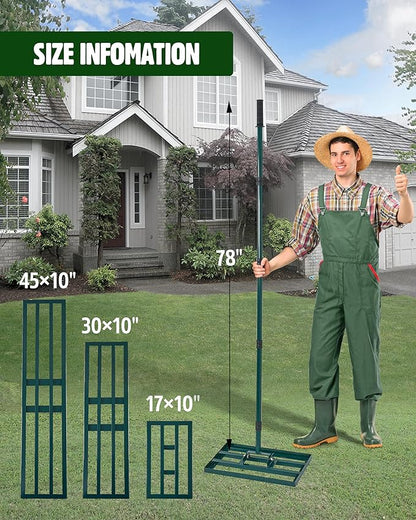 Lawn Leveling Rake,Stainless Steel Lawn Leveler with 17”x10” Ground Plate, 78” Adjustable Long Handle, Heavy Duty Level Yard Tool for Grass, Golf Field, Level Soil or Dirt Ground Surfaces-Green