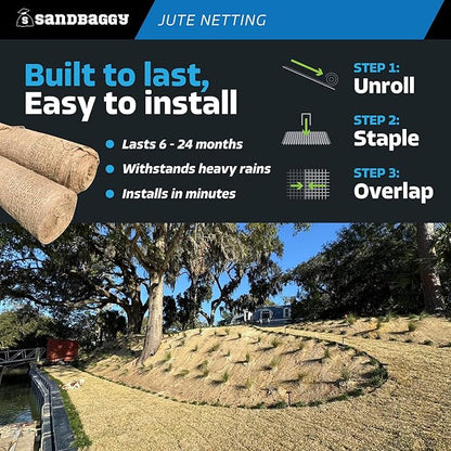 Sandbaggy Jute Netting Roll, 4 ft x 30ft - Biodegradable Erosion Control Blanket for Slopes, Hills & Drainage, Eco-Friendly, Durable Soil Stabilizer, Contractor-Approved for Landscaping (1 Roll)