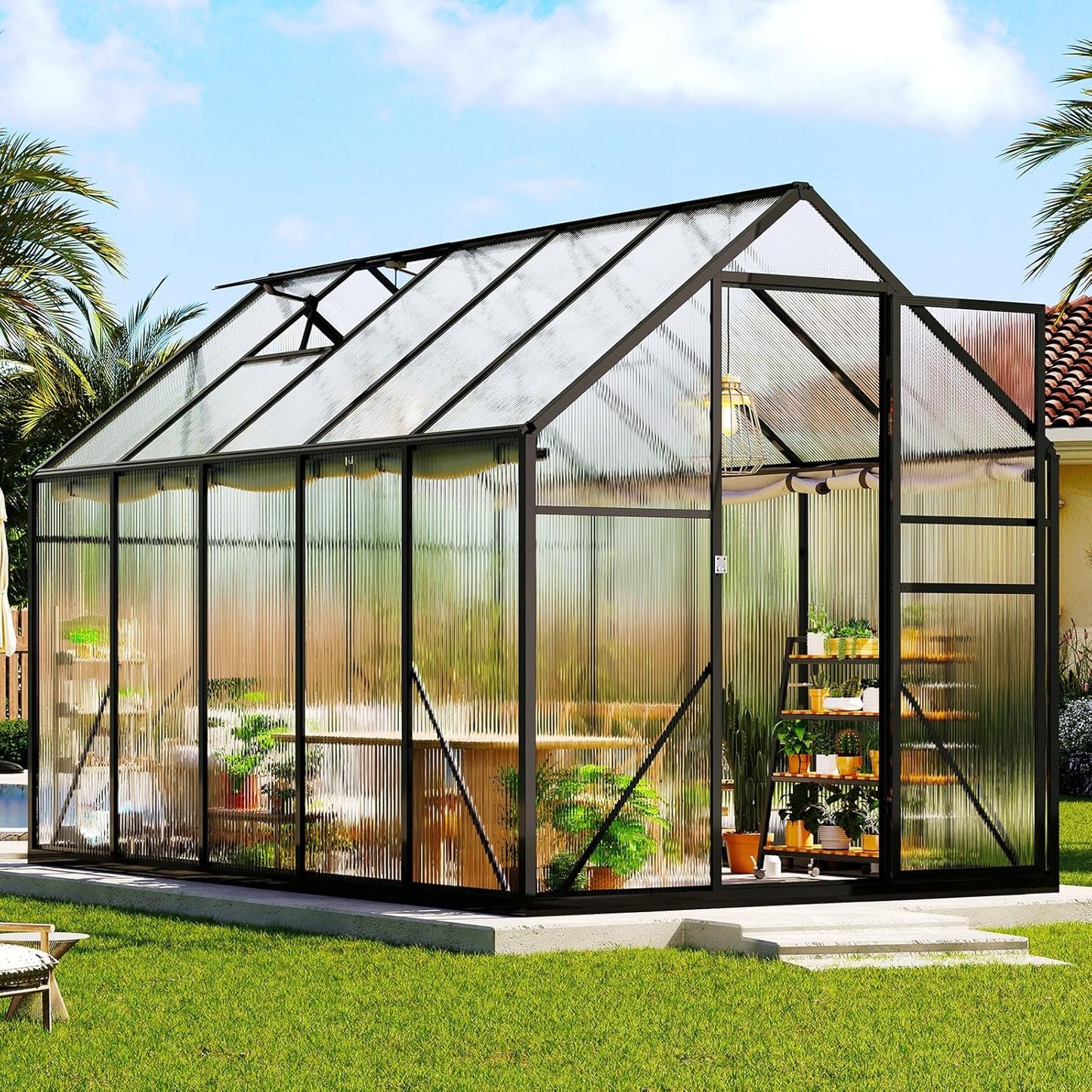 Amerlife 6x10x6.3 FT Outdoor Polycarbonate Greenhouse, Walk-in Aluminum Frame Structure with Dual Windows & Swing Door, Heavy-Duty Garden Building in Black