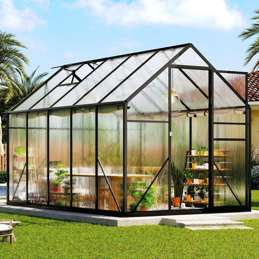 Amerlife 6x10x6.3 FT Outdoor Polycarbonate Greenhouse, Walk-in Aluminum Frame Structure with Dual Windows & Swing Door, Heavy-Duty Garden Building in Black