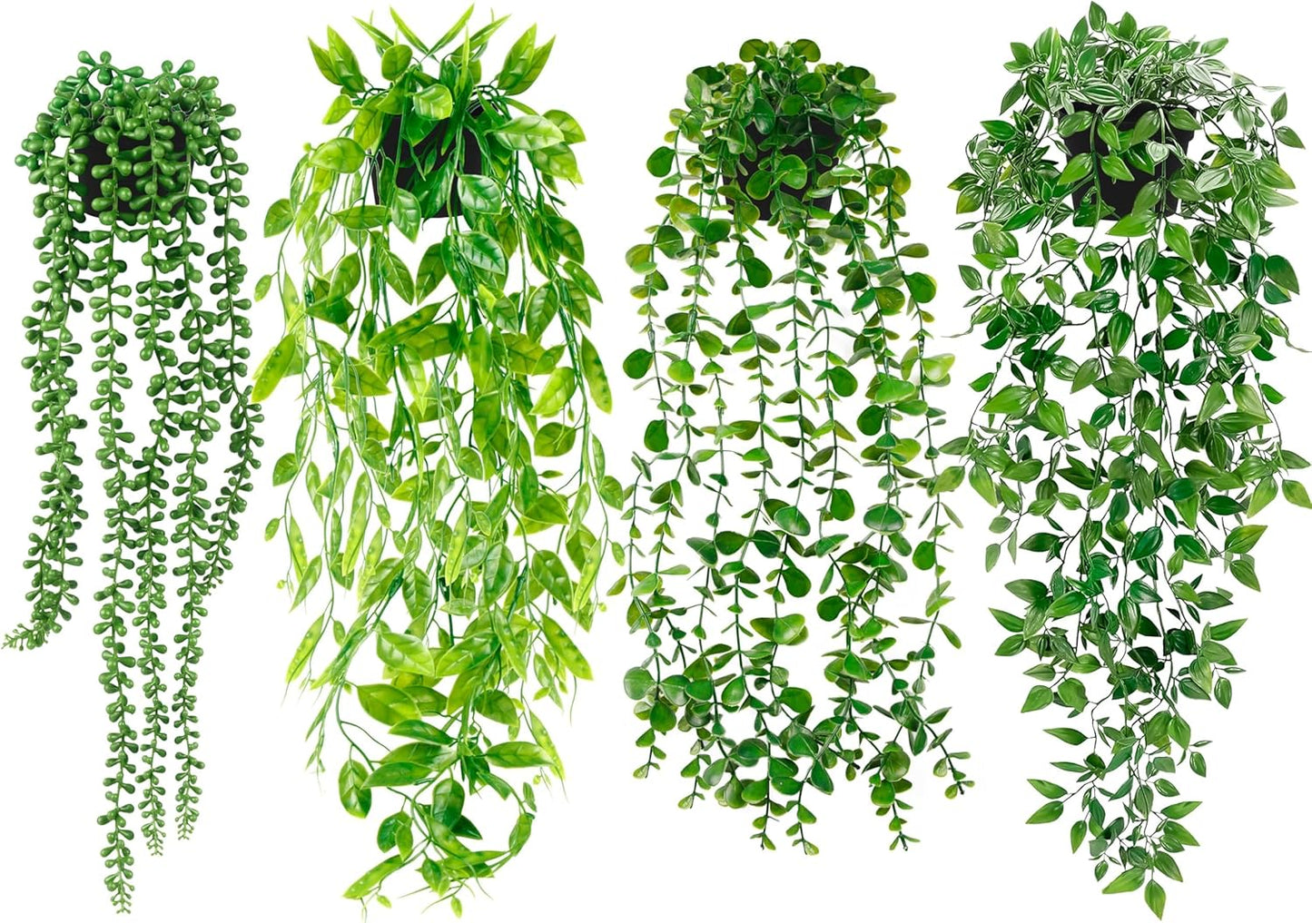 Artificial Hanging Plants for Shelf, 4 Pack Fake Potted Greenery Faux Eucalyptus Vine, Mandala Vine, String of Pearls,Pea pod Leaves in Pot for Office Living Room Bathroom Indoor Outdoor Décor