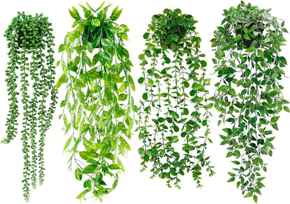 Artificial Hanging Plants for Shelf, 4 Pack Fake Potted Greenery Faux Eucalyptus Vine, Mandala Vine, String of Pearls,Pea pod Leaves in Pot for Office Living Room Bathroom Indoor Outdoor Décor