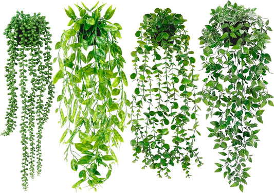 Artificial Hanging Plants for Shelf, 4 Pack Fake Potted Greenery Faux Eucalyptus Vine, Mandala Vine, String of Pearls,Pea pod Leaves in Pot for Office Living Room Bathroom Indoor Outdoor Décor