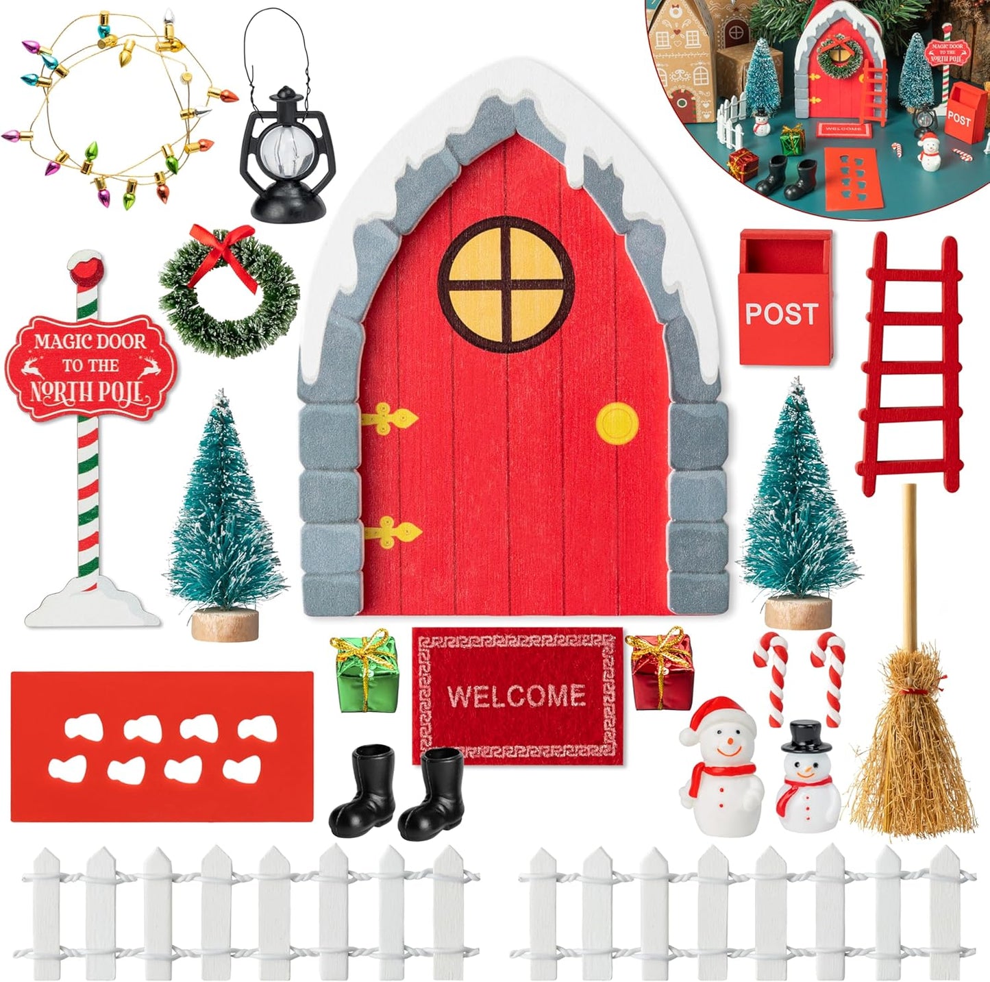 Haooryx Christmas Elf Garden Miniatures - 22Pcs Christmas Magic Fairy Doors Decoration Kit Wooden Miniature Fairy Door Xmas Elf Magic Door Wall Fairies Christmas Winter Xmas New Year Decor(Grey Stone)