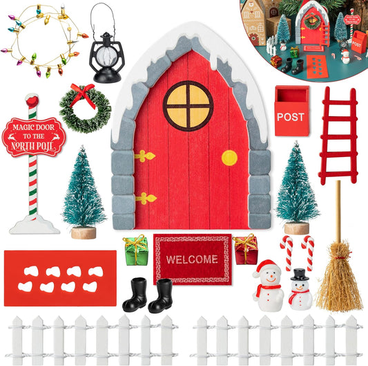 Haooryx Christmas Elf Garden Miniatures - 22Pcs Christmas Magic Fairy Doors Decoration Kit Wooden Miniature Fairy Door Xmas Elf Magic Door Wall Fairies Christmas Winter Xmas New Year Decor(Grey Stone)