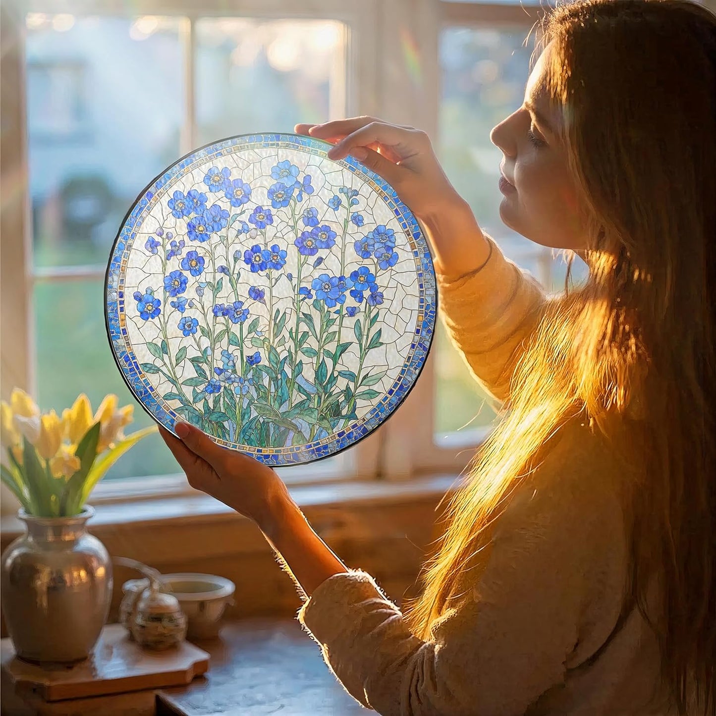 Forget-me-not Flower Stained Glass Sun Catcher - Handmade 7.87 Inch Blue Glass Decorative Stained Glass Window Hanging Decoration for Plant Lovers, Forget-me-not Gift for Friends, Family, Classmates