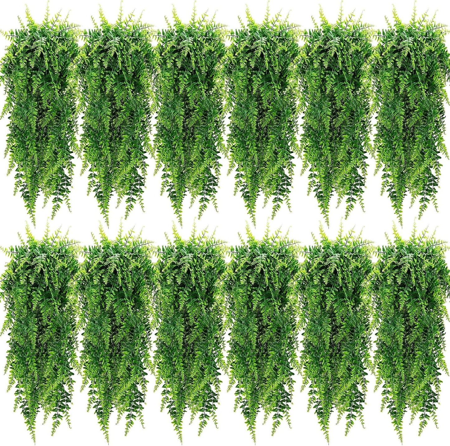 Geosar 12 Pcs Artificial Hanging Plants 32 Inch Hanging Boston Ferns Plastic Fake Plants for Wall Room Garden Wedding Garland Indoor Outdoor Decoration, No Basket