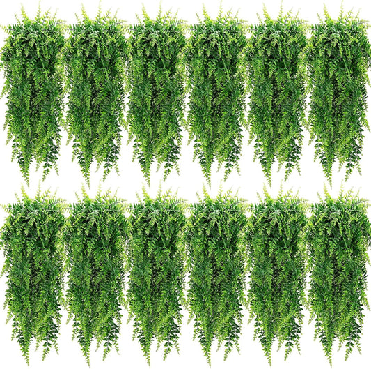 Geosar 12 Pcs Artificial Hanging Plants 32 Inch Hanging Boston Ferns Plastic Fake Plants for Wall