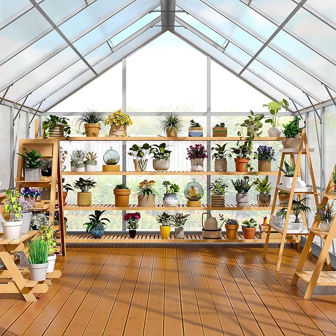 YITAHOME 10x12FT Polycarbonate Greenhouse for Outdoors, Large Heavy Duty Aluminum Greenhouses with Sliding Doors and Vent Window, Walk-in Greenhouse for Garden Backyard, Simple Setup, Silver