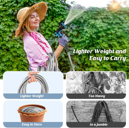 Garden Hose 50FT, Water Hose with 10 Function Nozzle, Garden Hose Metal with Leak-proof Connectors, No-Kink, Lightweight, Puncture-proof, Pet-proof, Sturdy, 550PSI, Hose for Outdoor, Yard
