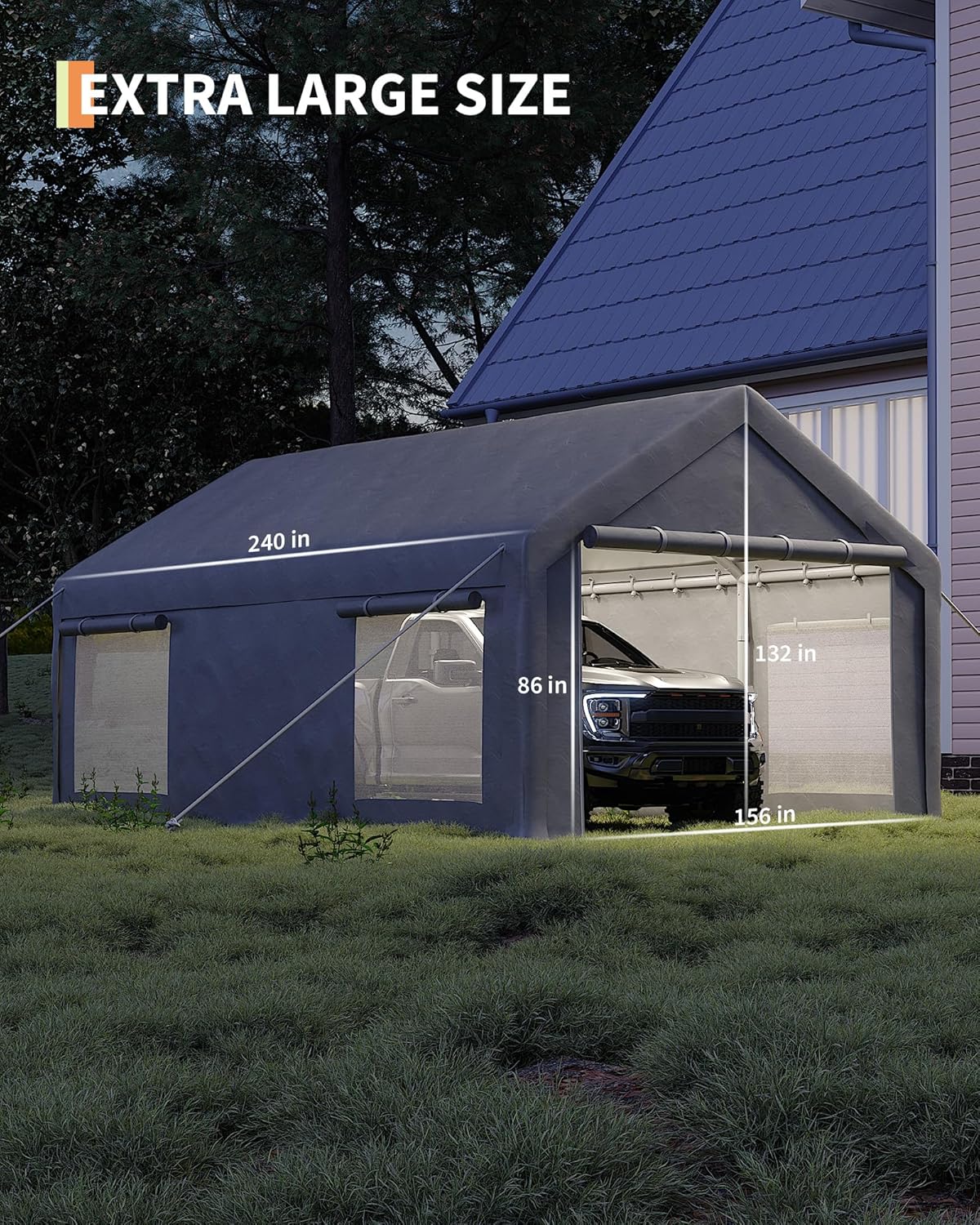 GarveeLife 13x20 ft Carport with 8 Sandbags, Car Port with 220 g PE Tarp, 2 Roll-Up Doors, and 4 Windows, for Full-Size Pickups, Bass Boats, Tractors, and SUVs, Gray