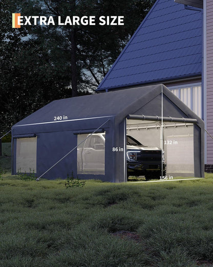 GarveeLife 13x20 ft Carport with 8 Sandbags, Car Port with 220 g PE Tarp, 2 Roll-Up Doors, and 4 Windows, for Full-Size Pickups, Bass Boats, Tractors, and SUVs, Gray