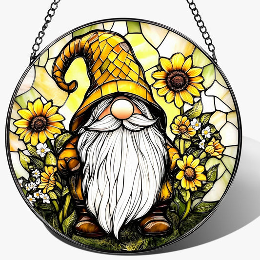 8″ Stained Glass Window Hanging Ornament, Sunflower Gnome Stained Glass Suncatcher Ornament