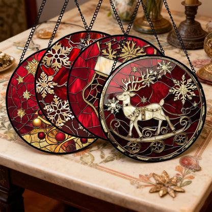 Stained Glass Window Hanging 4 Pcs Set Red Christmas Elk Snowflakes Large 15" - Deer Suncatcher Door Garden Sun Catcher Decor Birthday for Mom Woman Nana Men Friend