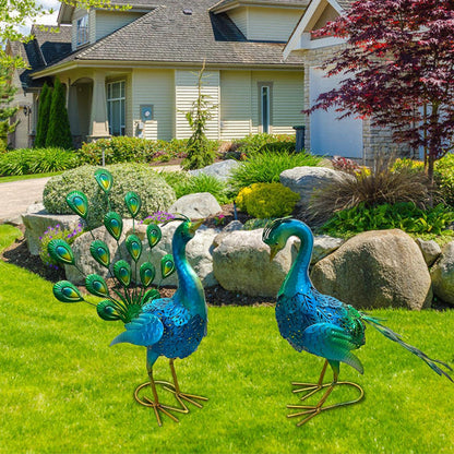 2 Pack Beautiful Peacock Outdoor Garden Statue Ornament Realistic Metal Peacock Lawn Yard Patio Decorations Art Sculpture Outside Decor Gift for Women Grandma Birthday,16" 20" Tall Blue Peacock