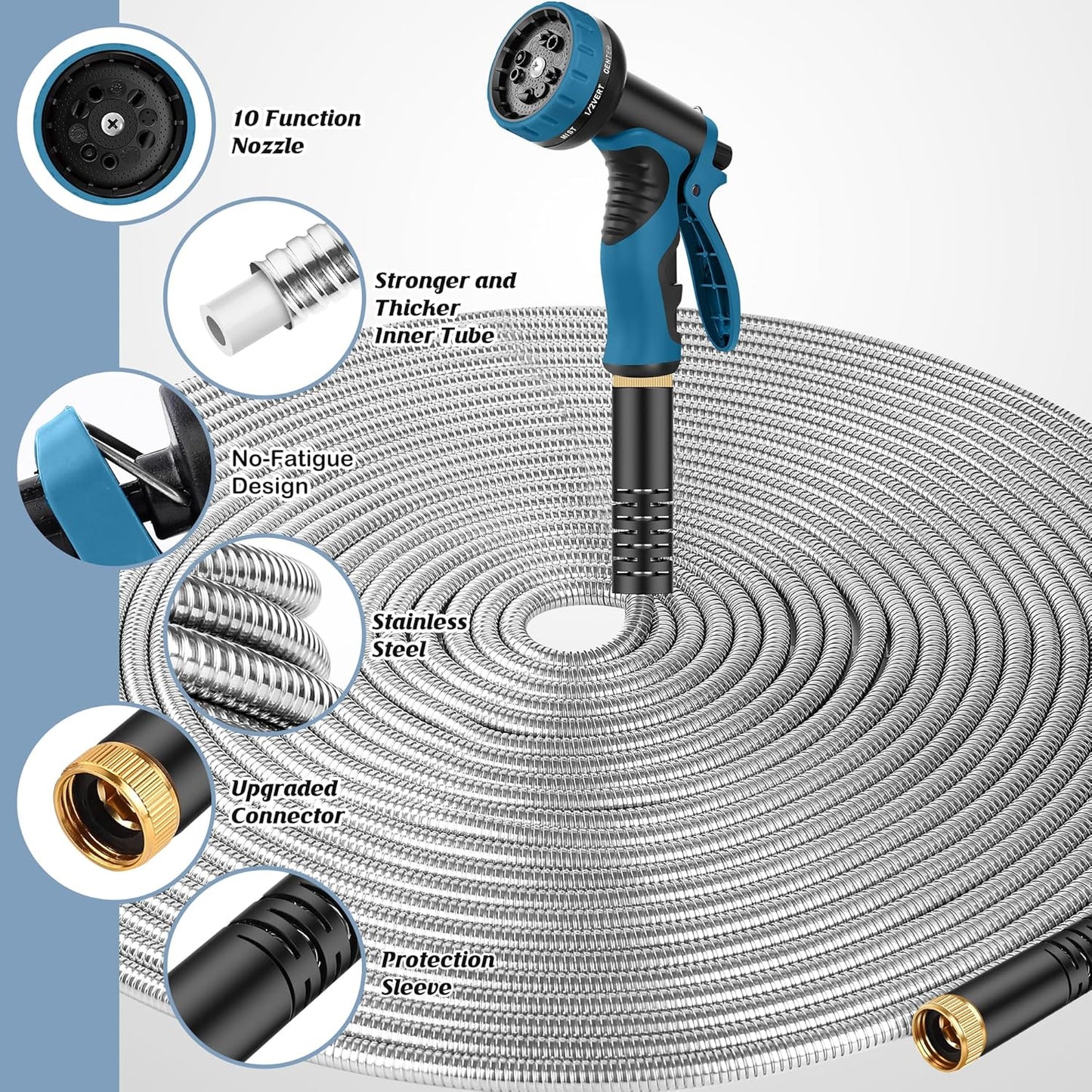 Garden Hose 50FT, Water Hose with 10 Function Nozzle, Garden Hose Metal with Leak-proof Connectors, No-Kink, Lightweight, Puncture-proof, Pet-proof, Sturdy, 550PSI, Hose for Outdoor, Yard