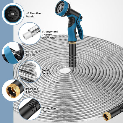 Garden Hose 50FT, Water Hose with 10 Function Nozzle, Garden Hose Metal with Leak-proof Connectors, No-Kink, Lightweight, Puncture-proof, Pet-proof, Sturdy, 550PSI, Hose for Outdoor, Yard