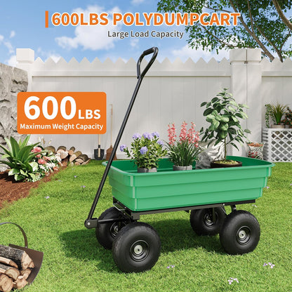 Garden Dump Cart, 4 Cu.Ft. 600Lbs Garden Cart, Heavy-Duty 4 Wheel Wheelbarrow Yard Cart with 10-Inch All-Terrain Wheels, Features A Quick-Release Tipping Function, for Courtyards, Farm, Gardening