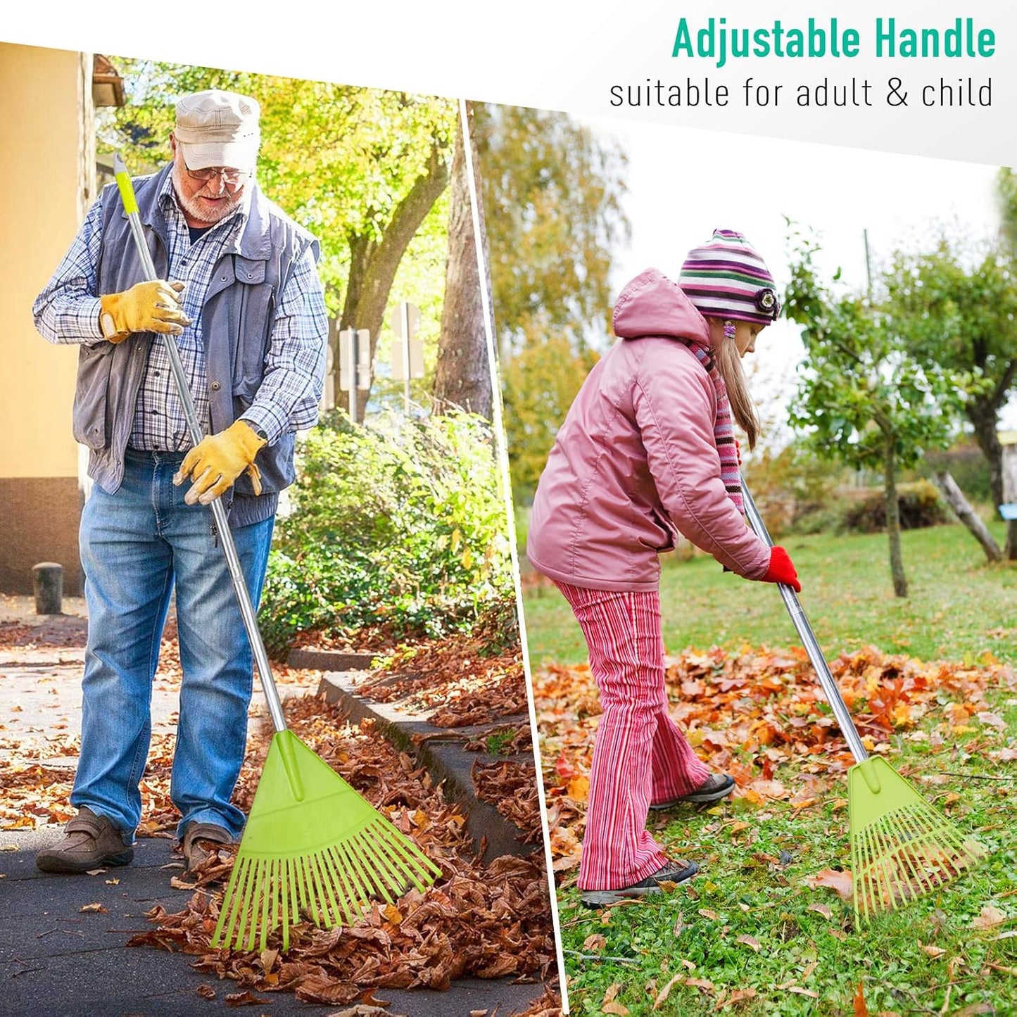 Colwelt Plastic Leaf Rake with 56'' Lightweight Stainless Steel Handle, 22Tines Plastic Head & Garden Gloves for Collecting Loose Debris