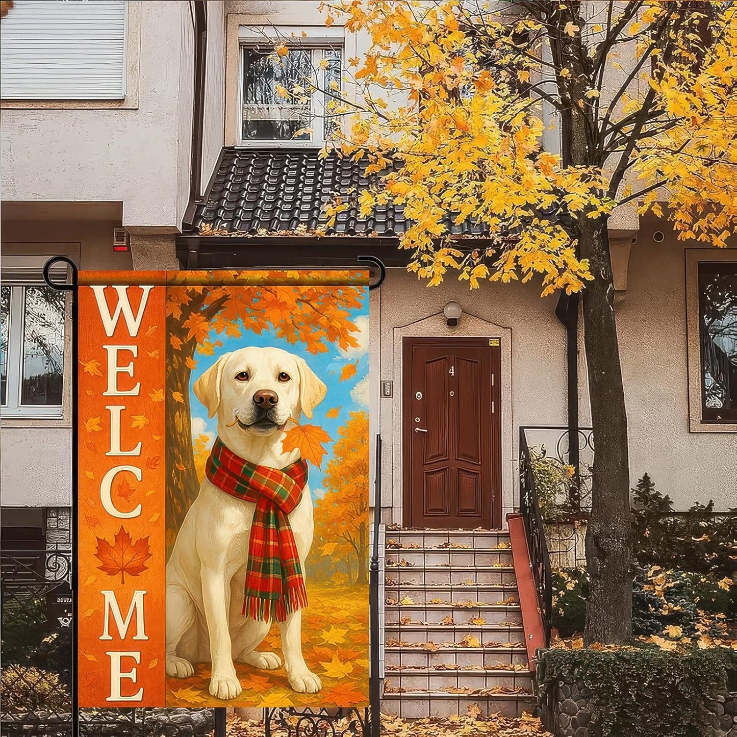 Thanksgiving Fall Garden Flag 12x18 Inch Welcome Labrador Retriever Dog Outdoor Flag Double Sided Autumn Yard Banner with Plaid Scarf and Leaves Decor for Porch L