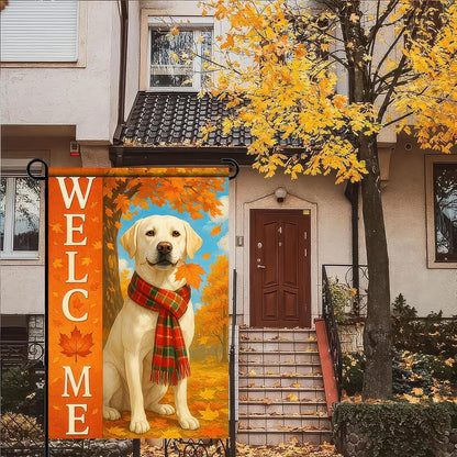 Thanksgiving Fall Garden Flag 12x18 Inch Welcome Labrador Retriever Dog Outdoor Flag Double Sided Autumn Yard Banner with Plaid Scarf and Leaves Decor for Porch L