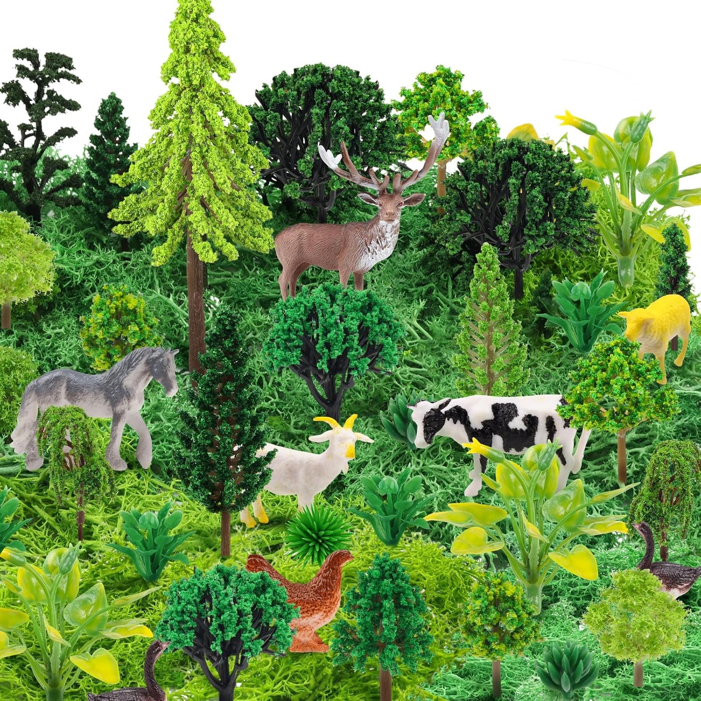 36 Pcs Green Mixed Model Trees with 40g Moss, Diorama Trees Grass Mini Fake Miniature Trees Moss for Building Model, Model Train Scenery, Natural Green Landscape, Railroad Scenery