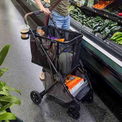 Strolee Personal Luxury Folding Shopping Cart On Premium Wheels – Ultra Lightweight Aluminum Frame – Removable Shopping Bag with Carry Strap & Lower Grocery Storage 75Lbs Capacity (Shadow v2)