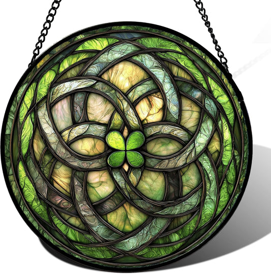 Stained Glass Window Hanging, Abstract Green Clover Sun Catchers Colorful Glass Panel Bless