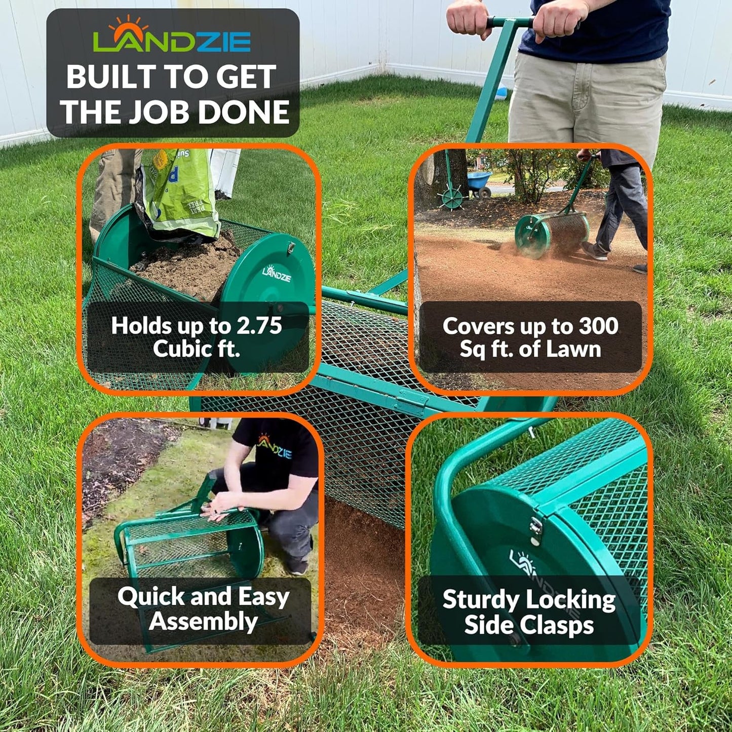 LANDZIE - The Original 24 Inch Compost and Peat Moss Spreader Roller - Top Soil, Sand, Manure, Mulch, Top Dressing Lawn and Garden Spreader