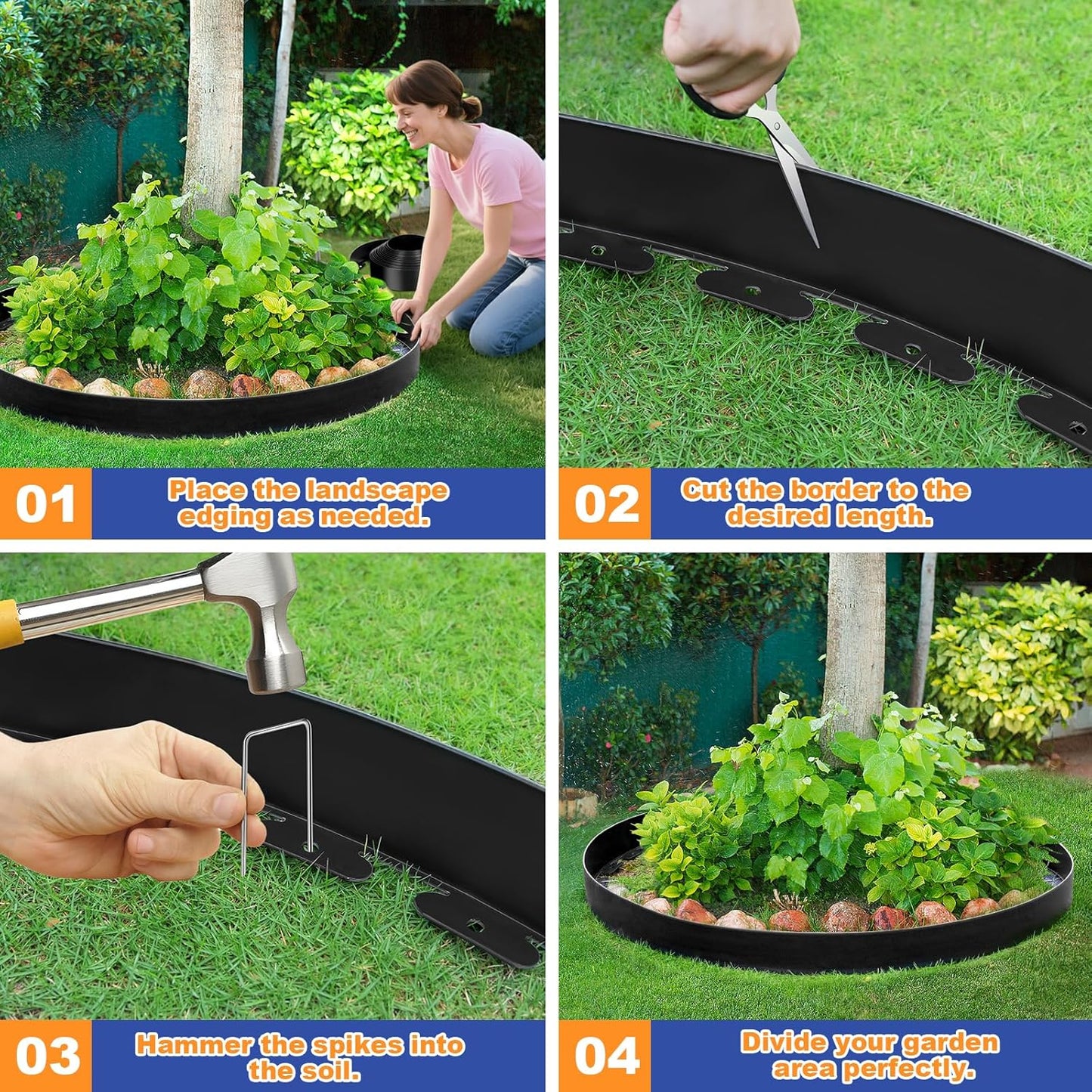 4IN x 33FT Landscape Edging, Garden Edging Borders with 40pcs Metal Stakes, Flexible Plastic Garden Border for Lawn, Landscaping, Flower Beds, Trees and Yard