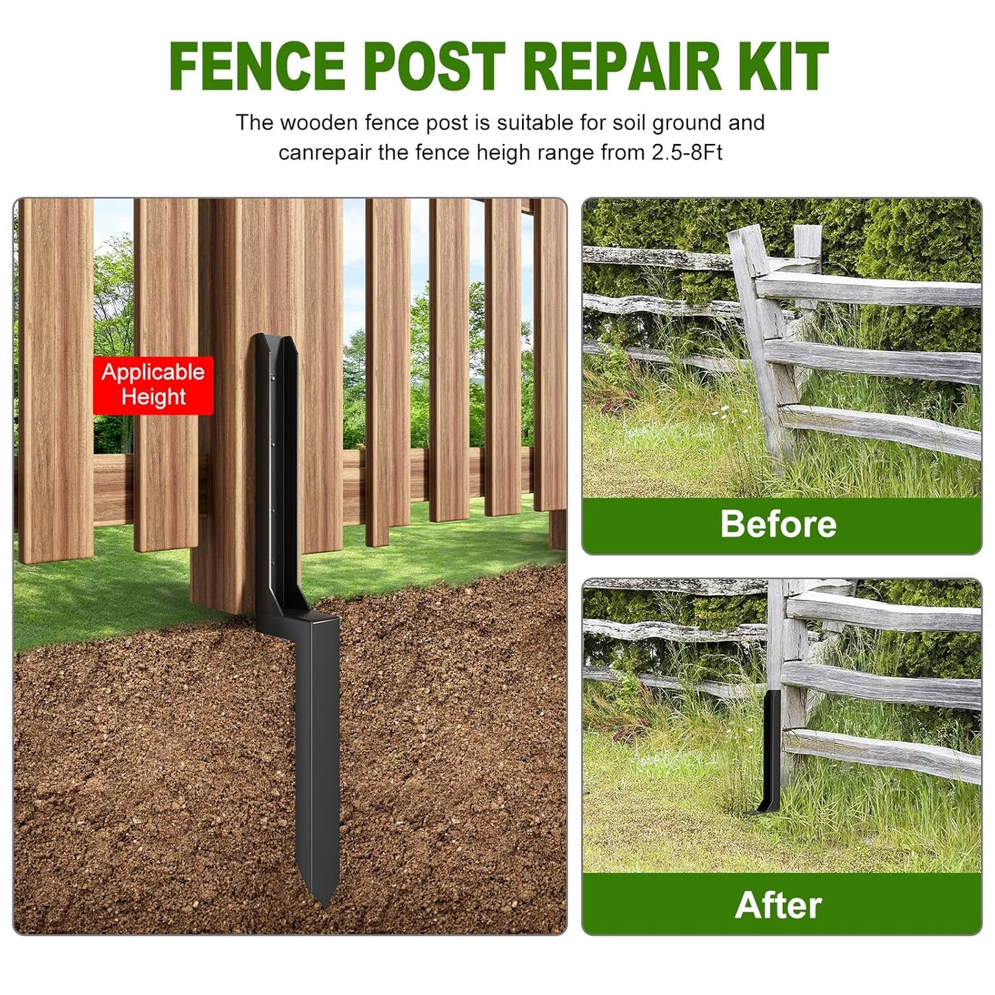 One-Piece Fence Post Repair Kit，Heavy Duty Steel Fence Post Anchor Ground Spike ，Quick Fix Broken/Leaning Wood Posts with，and Fixed Fence Posts（4-Pack）