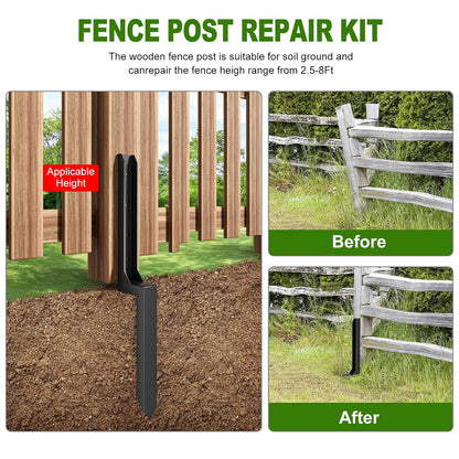 One-Piece Fence Post Repair Kit，Heavy Duty Steel Fence Post Anchor Ground Spike ，Quick Fix Broken/Leaning Wood Posts with，and Fixed Fence Posts（4-Pack）