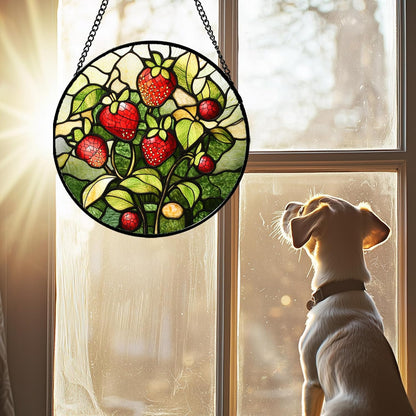 Stained Glass Window Hanging - Red Strawberry Suncatcher for Doors Window Home Green Plant Sun Catchers Decor Christmas Mother's Day Birthday Gifts for Teacher Women Men Mom Nana 11.8 in