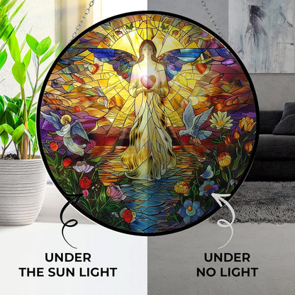 Jesus Christ Holy Spirit Stained Glass Suncatcher Four Season Theme Colorful Leaves Window Wall Hanging Ornament Hand-Painted Glass Panel Decor Gift for Women Christmas Thanksgiving Gift
