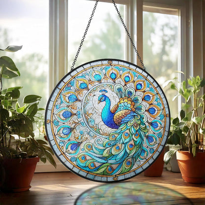 Personalized Peacock Stained Glass Suncatchers Wall Art Decor, Exotic Birds Sun Catcher Window Garden for Animal Peacock Lovers Women Mom Grandma, Painted Glass Panel Decor