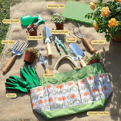 LeMotech Gardening Tools, 10-Piece Heavy Duty Garden Hand Tools Set with Wooden Handle, Durable Fashion Organizer Bag for Garden Supplies, Gardening Gifts for Women Grandmother, Yellow Floral Pattern