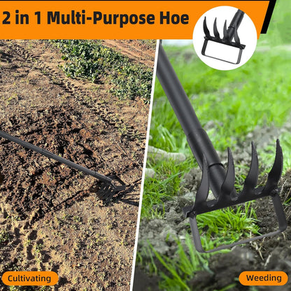 Action Stirrup Hoe Garden Tool Weed Puller with Adjustable Long Handle, Heavy Duty Hula Hoe and 4 Tines Rake 2 in 1 Gardening Tools Garden Cultivator for Weeding Soil Loosening, Black