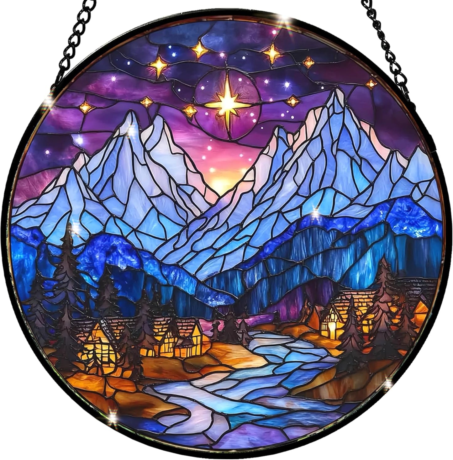 Star City Stained Glass Suncatcher - Handcrafted 7.87 inch Stained Glass Window Hanging with Starry Snow Mountain Pattern, Indoor Winter Decor, a Unique Gift for Coworkers, Friends and Family.