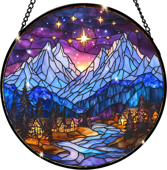 Star City Stained Glass Suncatcher - Handcrafted 7.87 inch Stained Glass Window Hanging with Starry Snow Mountain Pattern, Indoor Winter Decor, a Unique Gift for Coworkers, Friends and Family.