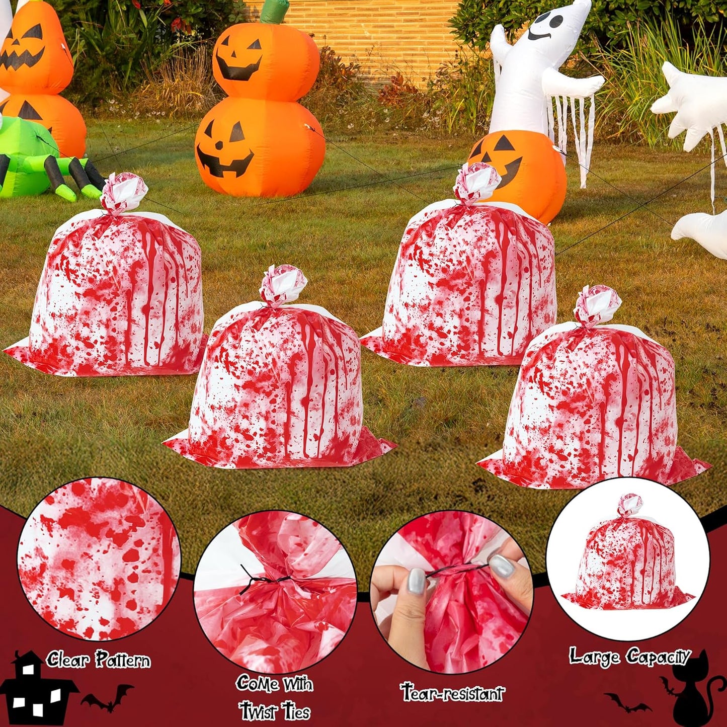 CNhoqc Halloween Lawn Leaf Bags - 8Pcs Halloween Bloody-Themed Thick Plastic Garbage Bags with Twist Ties, Fall Yard Leaf Trash Equiement, Reusable Plastic for Garden Outdoor Decorations Party Favor